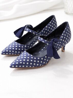 Tory Burch Polka Dot Mary Jane Heels 8.5 | Navy Blue Kitten Heel Bow Strap Pumps